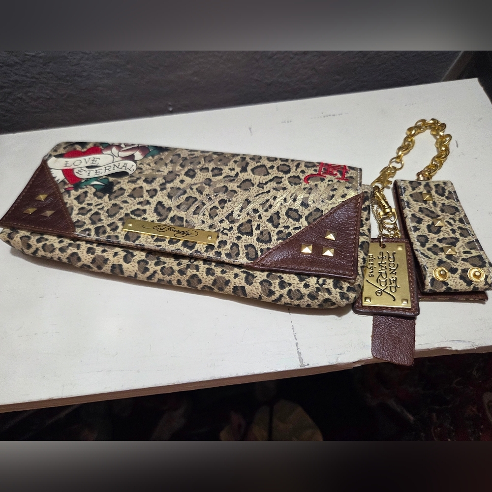 Ed Hardy Leopard Print Women's Clutch with Gold Chain